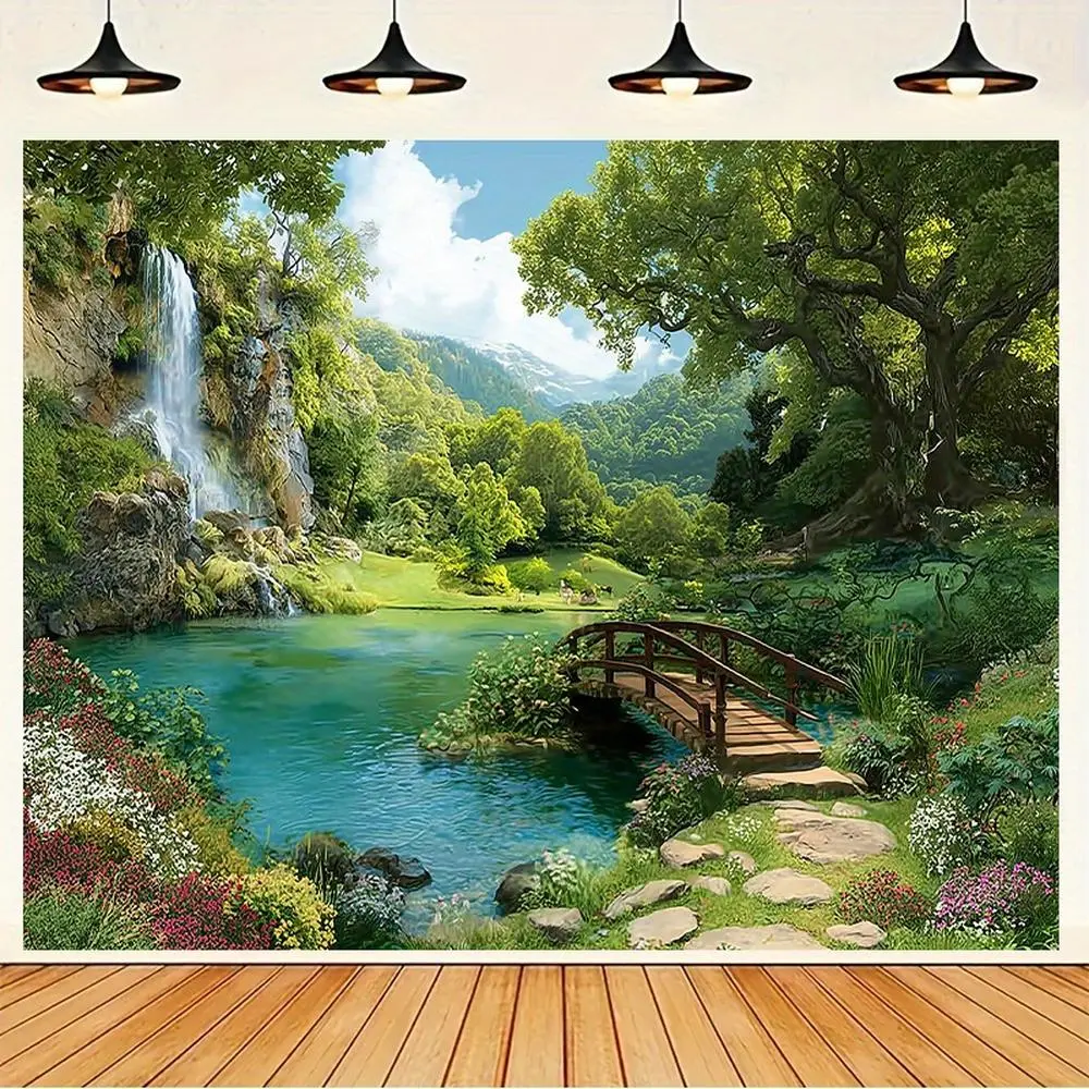 1pc Extra Large 2D Flat Mountain Tapestry, Anti-Wrinkle Polyester Wall Hanging, Vibrant Turquoise Arch Bridge Waterfall Nature Textile Wall Art Decor