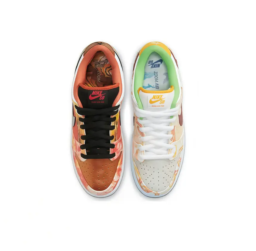 Bold Two-tone Mismatched Skate Shoes, Left Orange Right White Design, Graphic Print Details, Lace-up Unique Sneakers, Eye-catching Footwear #ColorfulSneakers