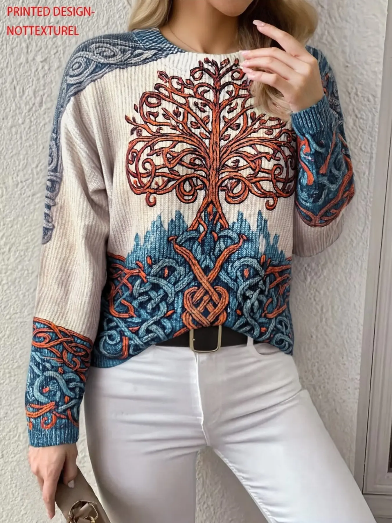Women's Vintage Bohemian Floral Knit Sweater, Comfortable Striped Pullover, Textured Design, Perfect for Casual Wear