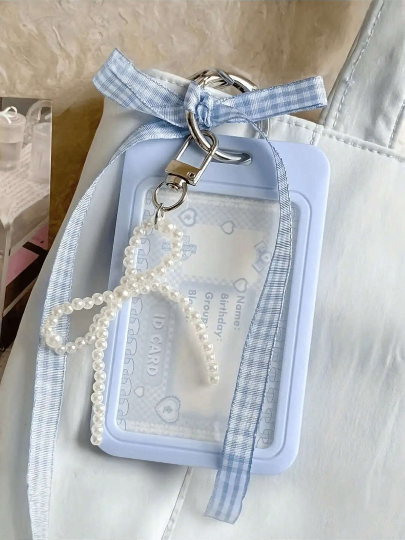 Blue Card Holder With Sliding Grid Ribbon & Faux Pearl Pendant, Detachable & Wipeable Sliding Cover, Key Chain, Protector For Credit/ID/Bus Cards, Office/School ID Holder, Detachable Lanyard/Pendant - Thickened Transparent Card Case
