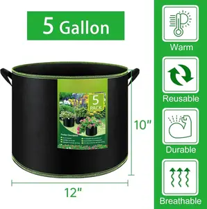 5-Pack 5 Gallon Grow Bags Heavy Duty Aeration Fabric Pots with Handles Thickened Nonwoven Fabric Pots or Fruits for Gardening