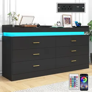 Dresser with LED Light and Charging Station, Modern Chest of Drawers Wide Drawer Organizer Cabinet for Bedroom Living Room Entryway HallwayUFOV