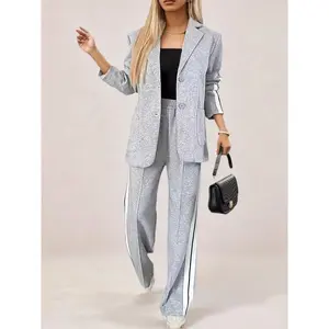 2025 New Elegant Women's Knit Blazer & Pants Set - Long Sleeve, Lapel Collar with Side Stripe Detail, Solid Color Casual Outfit for Spring & Fall, Flannel, Suit