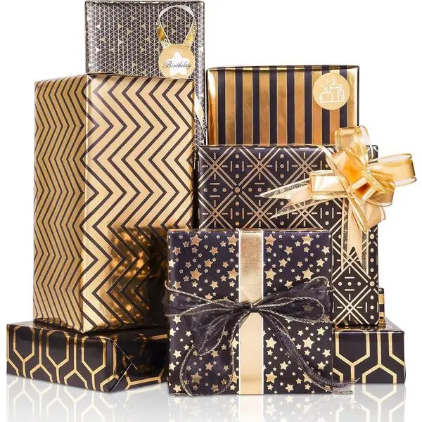 Larcenciel Gift Wrapping Paper Set, 6 Sheets Metallic Black Gold Foil Wrapping Paper w/Gift Bow & Sticker, Shiny Luxury Men Boys Gift Wraps for Birthday, Holiday, Graduation, Baby Shower, 27.5x19.6in
