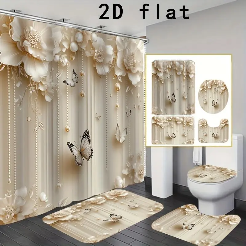 2D Flat, 1pc/4pcs Luxury Window Design 2D Flat Printed Shower Curtain Set, Bathroom Decoration Kit Includes Printed Bathtub Liner, Non-Slip, Toilet Cover, & 12 Plastic Hooks, Home Additions