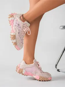Women's Thick Sole Rhinestone & Gem Platform Sneakers, All-Season Casual Chunky Shoes