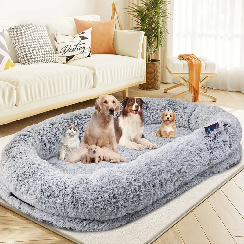 Human Dog Bed, Fits You & Pets, Washable Faux Fur, Orthopedic, Plump Pillow, Blanket, Strap