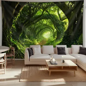 1 oversized magic forest landscape - high-grade polyester peach beige fabric, hand-sewn anti-wrinkle - magic forest trail art painting Tapestry Wall Mural, suitable for living room, bedroom, office decoration, no need to install free hanging clips