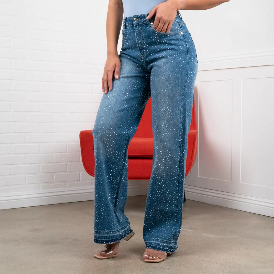 Elena Rhinestone Straight JEANS – Raw-hem Denim 31" Inseam