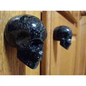 Gothic Drawer Knobs | Black Glitter Knobs - Handmade Skull Cabinet Pulls for Scary Room Decor (Set of 2)