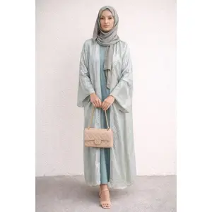 Elegant Seafoam Shimmer Open Abaya with Sleeveless Inner Dress Set