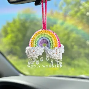 Handmade Rainbow Car Charm with Raindrop Beads, Rearview Mirror Hanger, Car Accessories, Boho Decor, New Car Decorations, Wooly Wonders