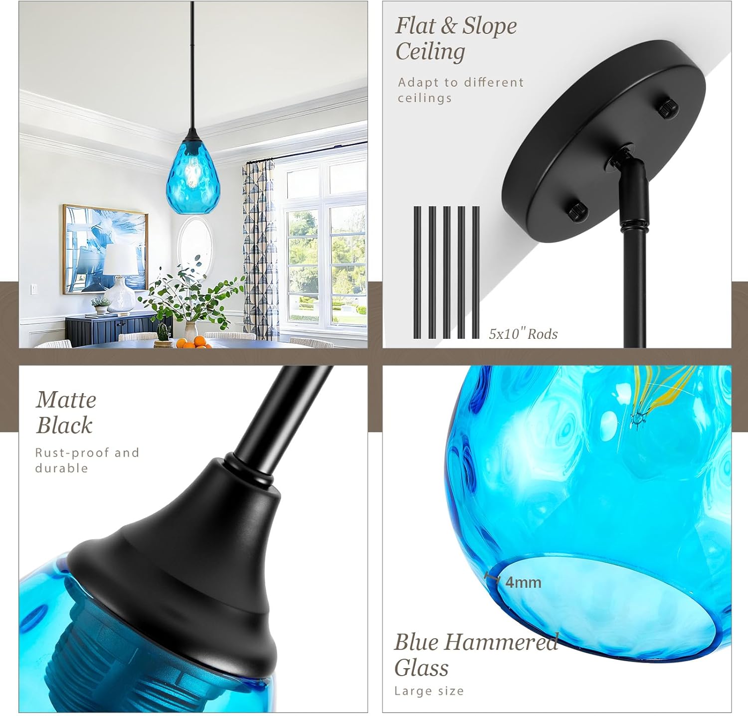 Glass Pendant Lights Kitchen Island, 1-Light Modern Black Fixtures with Blue Hammered Glass & Rods Small Hanging Light for Kitchen Sink Dining Room Bathroom