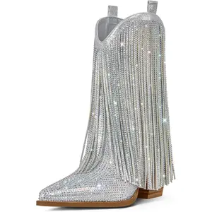 Cowboy Boots for Women - Cowgirl Rhinestone Boots with Sparkly Fringe Pointed Toe Western Boot Chunky Heel Pull-On Wide Calf Botas Vaqueras