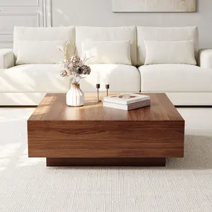 39" Square Wood Coffee Table with Storage, Mid-Century Modern Coffee Table with 2 Drawer, Wood Veneer, for Living Room, Fully-assembled, Brown