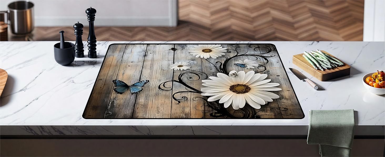 JOYFINITY Heat-Resistant Glass Stove Top Cover with Anti-Slip Rubber Coating – Electric Stove Protector, Scratch-Resistant, Expands Counter Space, Stylish Kitchen Decor (Daisy, 28.4*20.5 in)