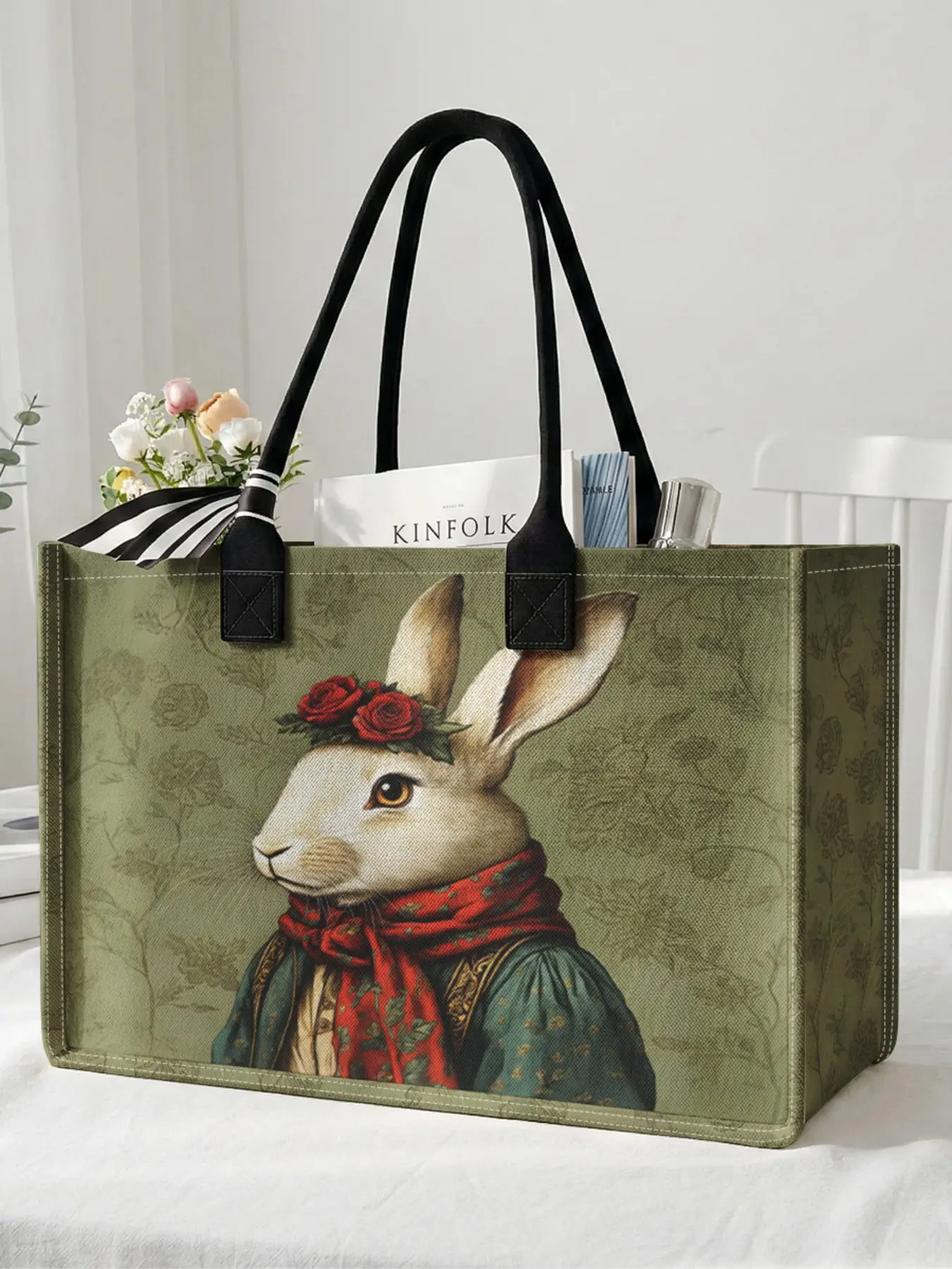 Rabbit Print Large Capacity Storage Bag, Super Size Organizer, Durable Handle, Space Saving Multi-Purpose, Ideal for School, Travel, Shopping