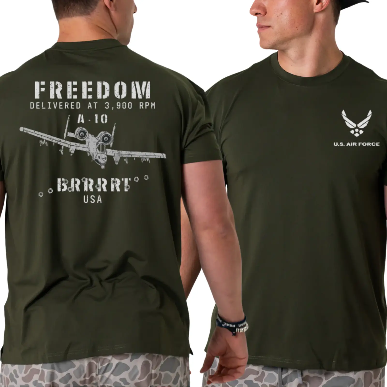 Men's US Air Force T-Shirt with A-10 Warthog Graphic, Casual Classic Short Sleeve Round Neck Tee, 2-Sided Patriotic Military Print in Soft Cotton Blend, Shortsleeve, Menswear, Top, Veterans, Brrrrt Edge