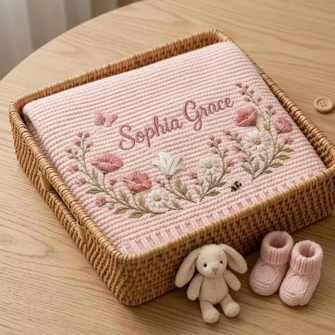 [Made-to-Order] Personalized Pink Floral Embroidered Knit Blanket With Name, Custom Name Floral Wreath Baby Blanket