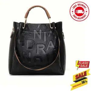 High end black women's handbag with large capacity made of high-quality cowhide and printed with letters work bag