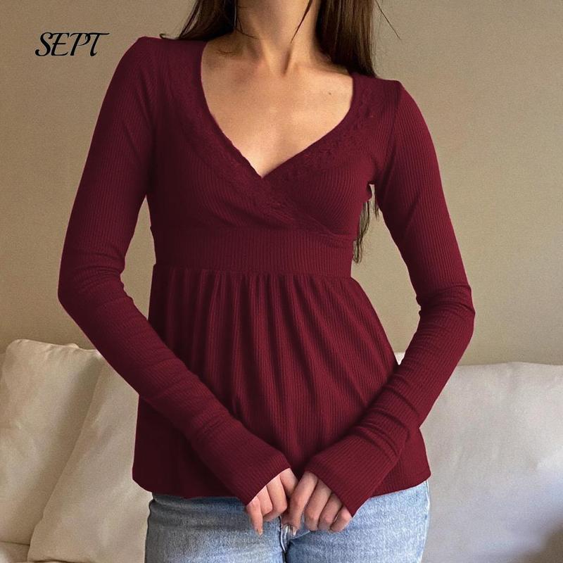 Women Fall Lace Patchwork Long Sleeve Tops Y2k  Babydoll Shirts Vintage Aesthetic Crop Top