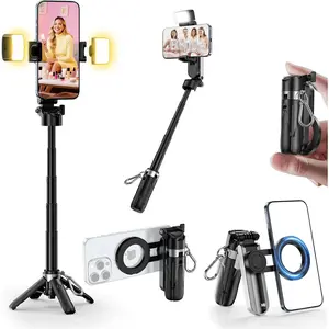 Upgraded  Mini Selfie Stick Tripod with 2 Fill Lights, 4-in-1 Pocket Size Phone Tripod with 360? Rotation, Rechargeable  Remote, Foldable Grip for  Vlog Photo Video