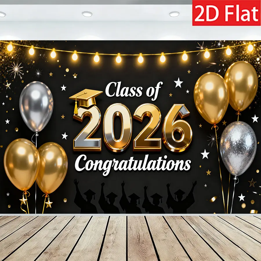 Graduation & Congrats Grad Backdrop – Black Gold Theme Tapestry, Wall Hanging, Photography Background, Polyester HD Print, Party, Celebration, Event Decor