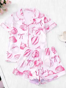 2pcs/Set Women's Ocean Shell Print Pajamas Set Loungewear, Short Sleeve Shirt With Collar & Button, And Elastic Waist Shorts, Suitable For Holiday Party, Casual Everyday Indoor & Outdoor Wear