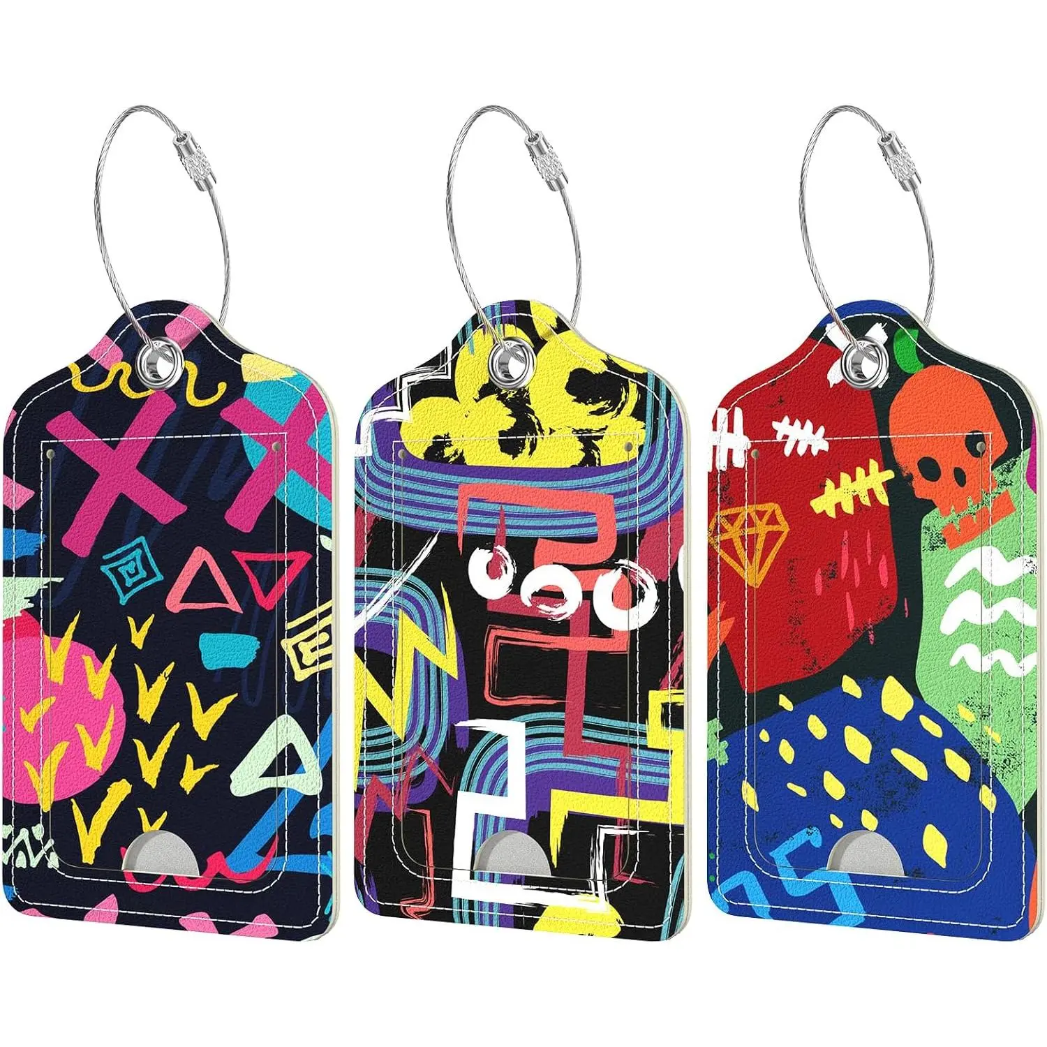 3 count PU Leather Luggage Tags for Suitcase, Travel Cruise Luggage Tag with  Flap, Name ID Label and Metal Loop for Women Men Baggage Handbag School Bag Backpack, Graffiti