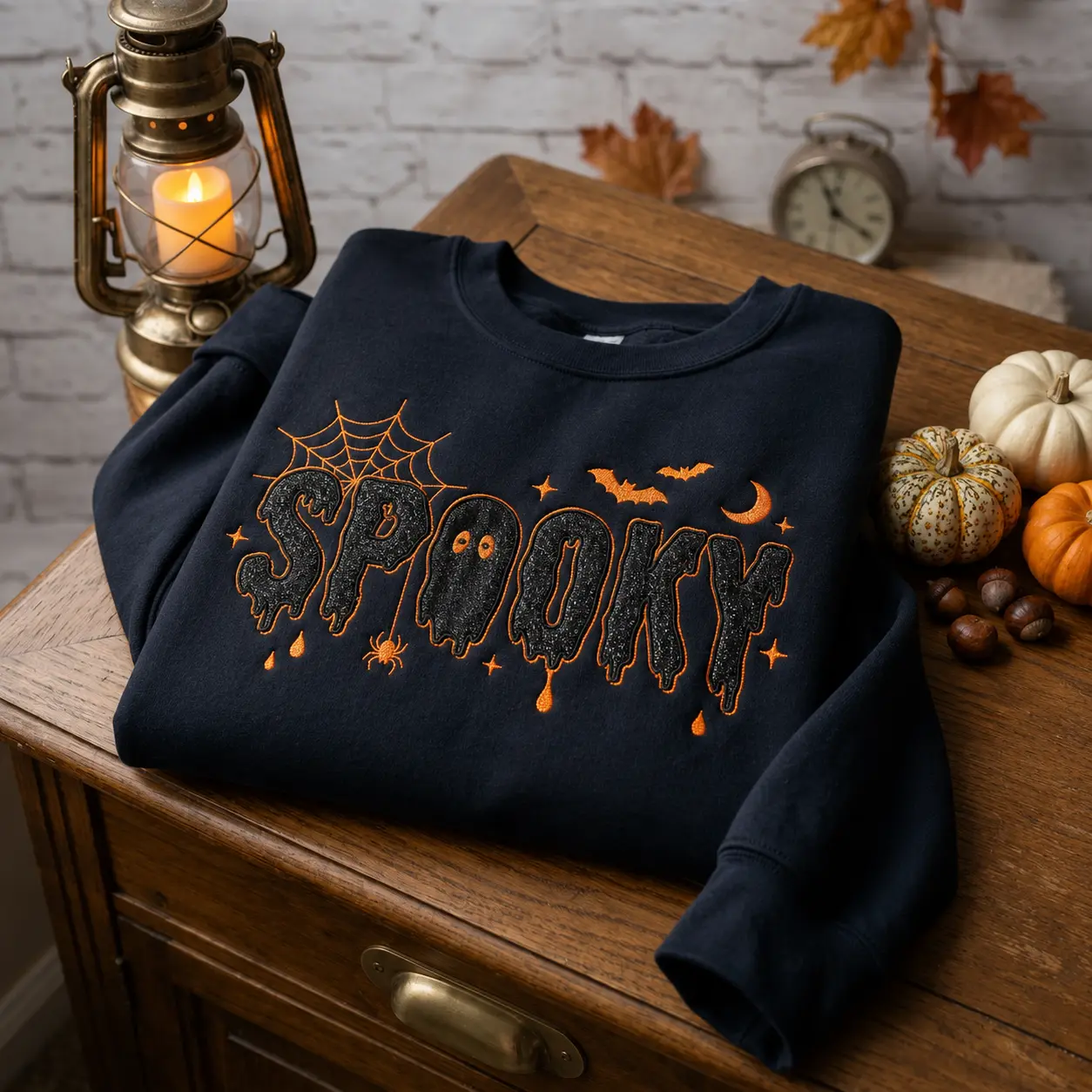 Spooky Halloween Embroidered Sweatshirt, Vintage Spider Web Crewneck Shirt, Cozy Fall Aesthetic Glitter Jumper, Oversized Gift for Her