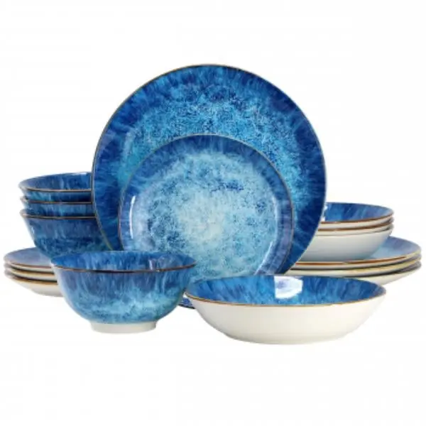 Elama Oceanus Aesthetic Porcelain Double Bowl Dinnerware Set, Blue - 16-Piece Casual, Microwave-Safe Porcelain Dinner Set (ELM-OCEANUS-16), Casual Dinner Sets