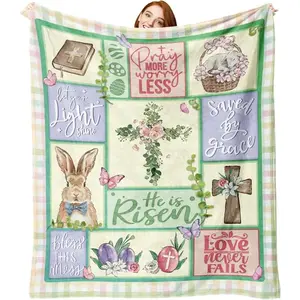Christian Easter Cross Bunny Flannel Throw Blanket, Religious He is Risen Rabbit Bible Quote Gifts for Kids Men Women, Spring Easter Eggs Lamb Soft Blanket for Bedding Sofa 50 x 60 Inches