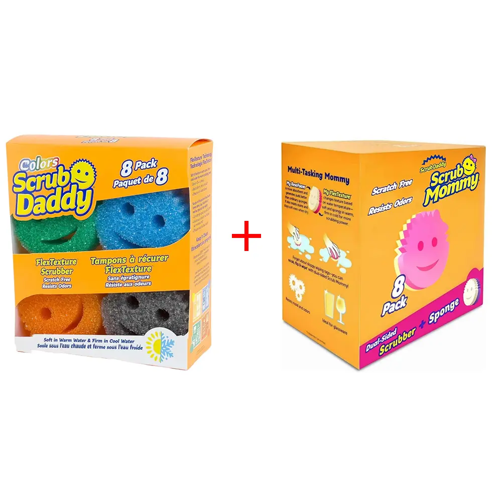 Scrub Daddy & Scrub Mommy Cleaning Sponges (8 Each) - Non-Scratch, Reusable Sink & Stove Pads, BPA-Free Polymer Foam, Stain & Odor Resistant Dishes/Pans Cleaners (Part of Cleaning Sponges & Scouring Pads Line)