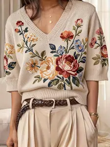 Women's Floral Rose Print V Neck Sweater, Breathable Elegant Fashion Vintage Retro Pattern, Soft Short Sleeve Top, Spring Fall Casual Wear