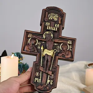 Wooden Carving Decoration, Real Wood Dual-Sided Craft Cross Ornament with Base, Handcrafted Home Decor Accessory