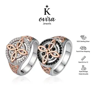 Kovira S925 Sterling Silver 2-Tone 5A Zircon Witch's Knot Celtic Knot Women's Ring Set, Unique Jewelry Rings, Beautiful Casual Linked Piece for Everyday Wear Bestie Gift