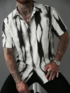 Men's Summer Ink Wash Print Casual Shirt, Menswear Trendy Fashion Daily Commute Loose-Fit Short Sleeve Top, Stylish Leisure Wear for Men