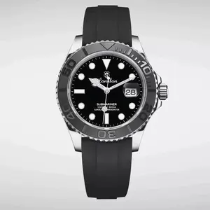 Swiss Movement Waterproof Mechanical Watch - Stylish Unisex Submariner Design with Black Rubber Strap No Warranty