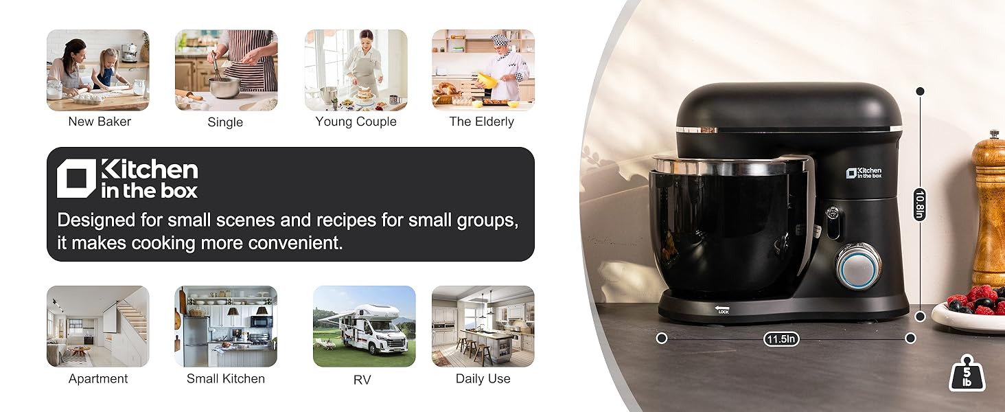 Kitchen in the Box Stand Mixer, 3.5QT Compact Kitchen Electric Mixer with Steal Mixing Bowls, 10-Speed Tilt-Head, Dough Hook, Flat Beater, Whisk – Lightweight, Small Stand Mixer for Baking, Cooking, Daily Use
