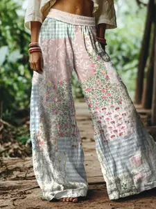 Floral Patchwork Palazzo Pants: High Waist Boho Trousers With Rose & Gingham Print In 100% Polyester For Garden Parties, Spring Vacations And Summer Street Style For Women.