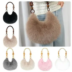 Retro Multicolor Furry Handbag Beads-Chain Handle Soft Tote Bag Faux Fur Oval Shoulder Bag Versatile