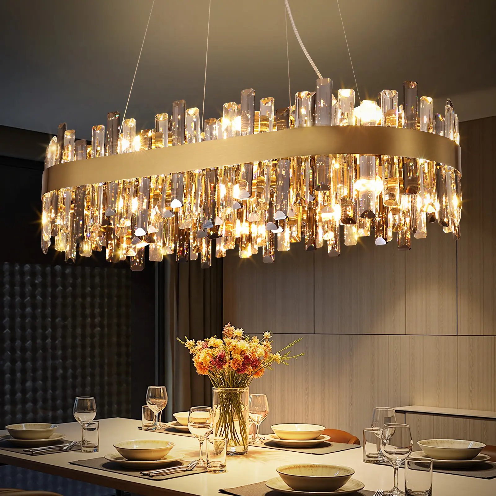 LH-V2 Luxury Gold & Smoked K9 Crystal Empire Chandelier, Luxury 35.5" 16-Light Oval Linear Pendant Light, E12 Candelabra Base, Hardwired, Adjustable Height for Dining Room, Kitchen Island, Foyer, Living Room & Bedroom