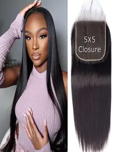 HD Closure 5x5 Straight Closure, Transparent Lace Closure 12a Virgin Remy Human Hair Weave, Frontal Closure Pre-Plucked with Baby Hair