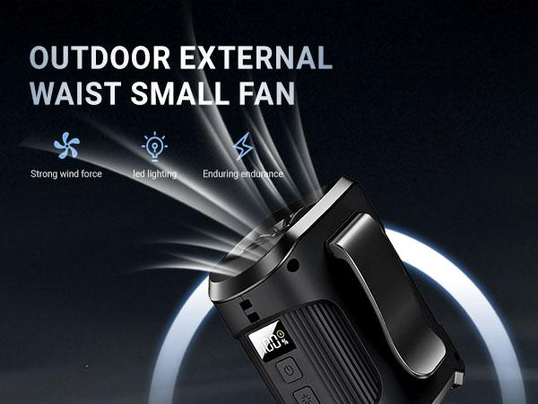 Portable Wearable Waist Fan with 3-Speed Brushless Motor 12m/s Strong Wind LED Display Type-C Rechargeable 24H Runtime Hands-Free Clip-On Neck Fan with SOS Flashlight Power Bank for Outdoor Workers Construction Hiking Camping