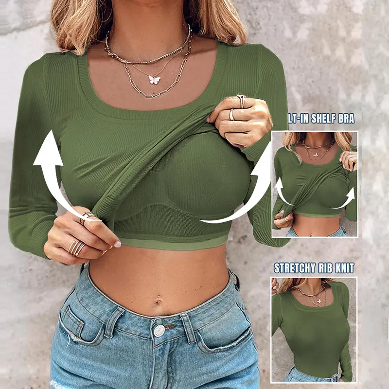 Women's Ribbed Knitwear Top, Casual Chic Longsleeve U-Neck with Built-in Shelf Bra, Stretchy Skinny Fit, Basic, Blouses Shirts Tops, Elegant, Fabric, Longsleeves, Tee, Elastane, Ribbed Viscose, Body-Hugging Effect, Conceals Fat, Standard Sizes