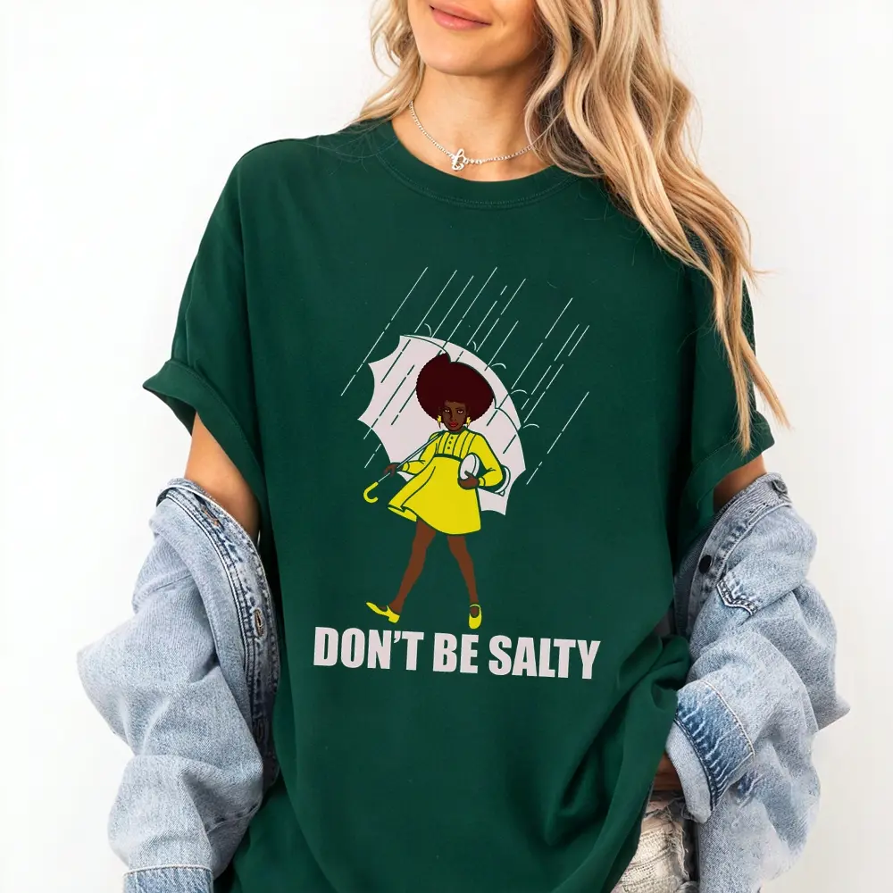 Women's Retro Black Umbrella-Print Graphic T-Shirt - Cute Character Yellow Dress, Casual Loose Short-Sleeved Summer Top #GraphicTee #BlackGirlMagic #CasualStreetwear