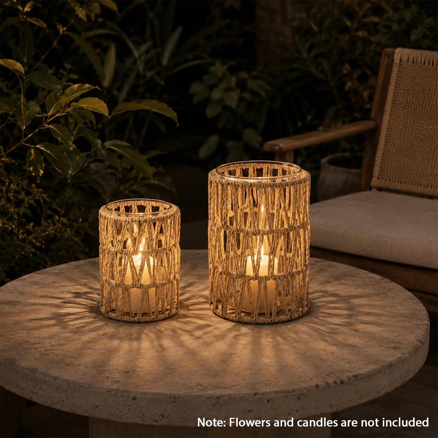 Rattan Boho Hurricane Lanterns Set of 2 - Pillar Candle Holders with Glass Cylinders, Natural Farmhouse Home Decor for Coffee Table Centerpieces, Ideal Gift