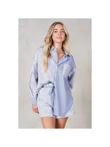 Blue Strip Mix Match Boyfriend Shirt Long Sleeve Collared