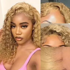 Honey Blonde Deep Wave Wig Human Hair Pre Plucked HD Glueless 13x4 #   27 Colored Wig with Lace Front and HD Glueless Features Curly Wavy