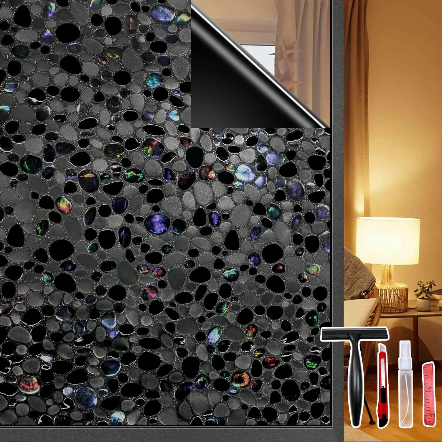 Total Blackout Window Film Privacy, 100% UV Blocking, Anti-Glare Dark Window Tint for Home, Decorative Static Cling Heat Control Window Clings for Bathroom, 3D Pebble Pattern, Black 17.5'' x 78.7''